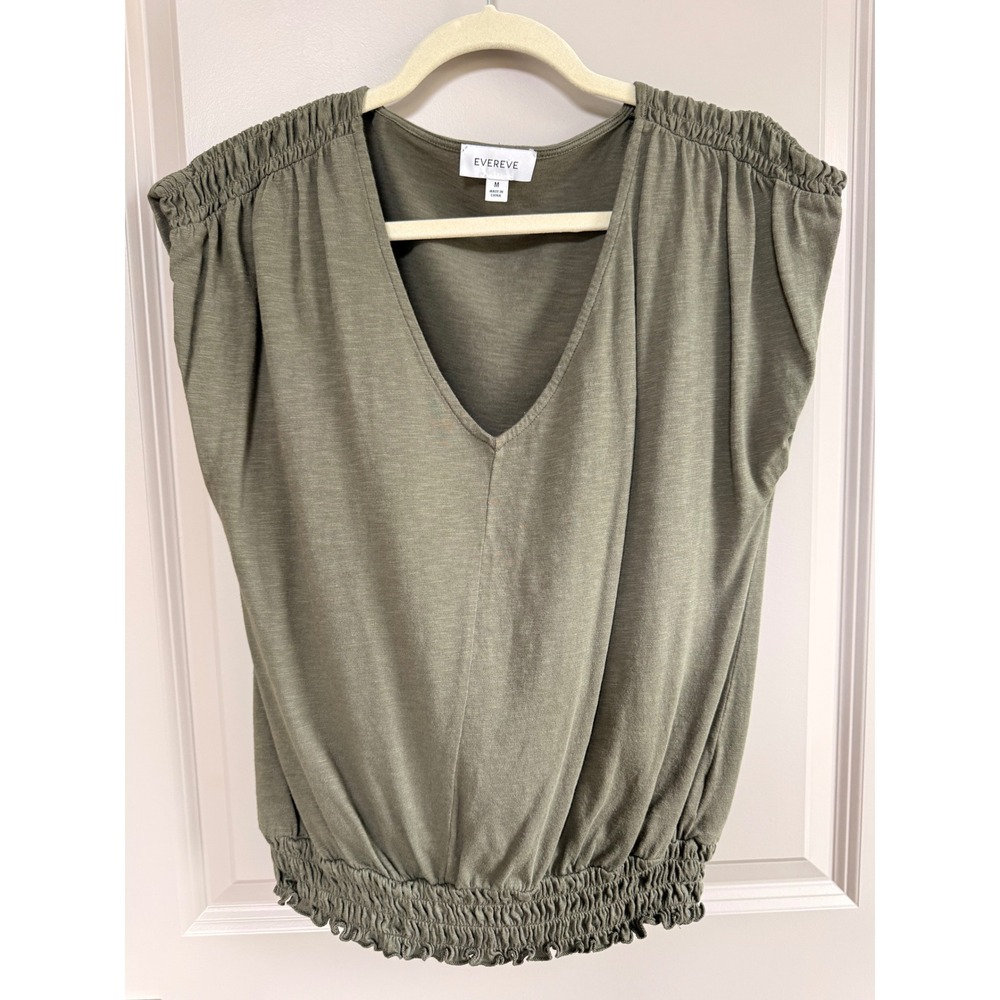 Evereve Olive Green Smocked Blouson V-Neck Slub Knit Top Medium